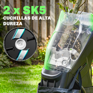 Trituradora de Ramas Eléctrica 2500W, Trituradora de Jardín con 2 Cuchillas Reversibles hasta Ø44 mm de Ramas, Bolsa de Recolección de 45L, Ruedas y Protección de Sobrecarga, Verde