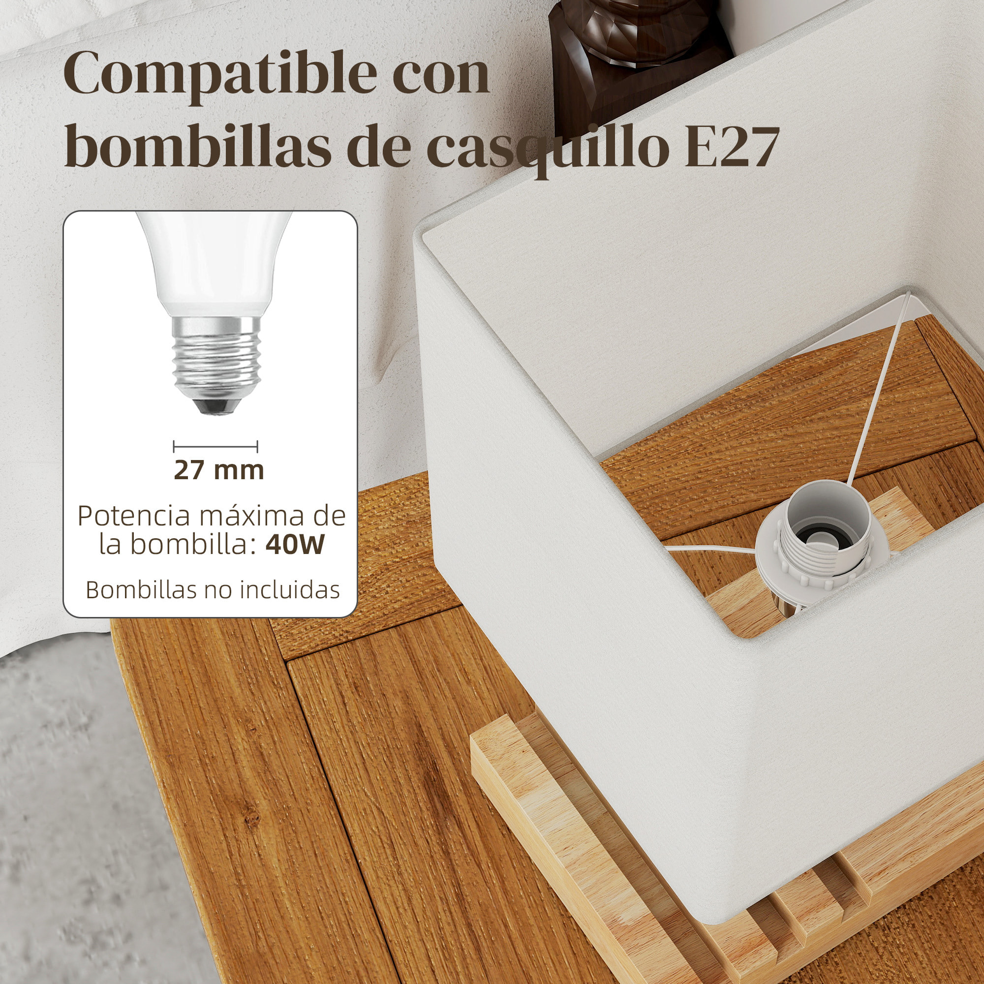 Lámpara de Mesa con Puertos USB-A/C, Tres Ranuras para Teléfonos, Lámpara de Mesita de Noche Moderno con Base de Madera y Pantalla de Tela, para Dormitorio, Salón, E27, 40W, Blanco