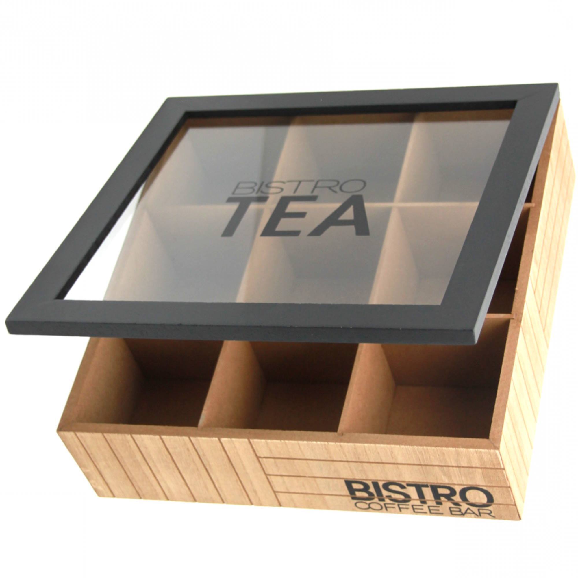 Well home caja de té de 9 compartimentos con tapa de vidrio color negro