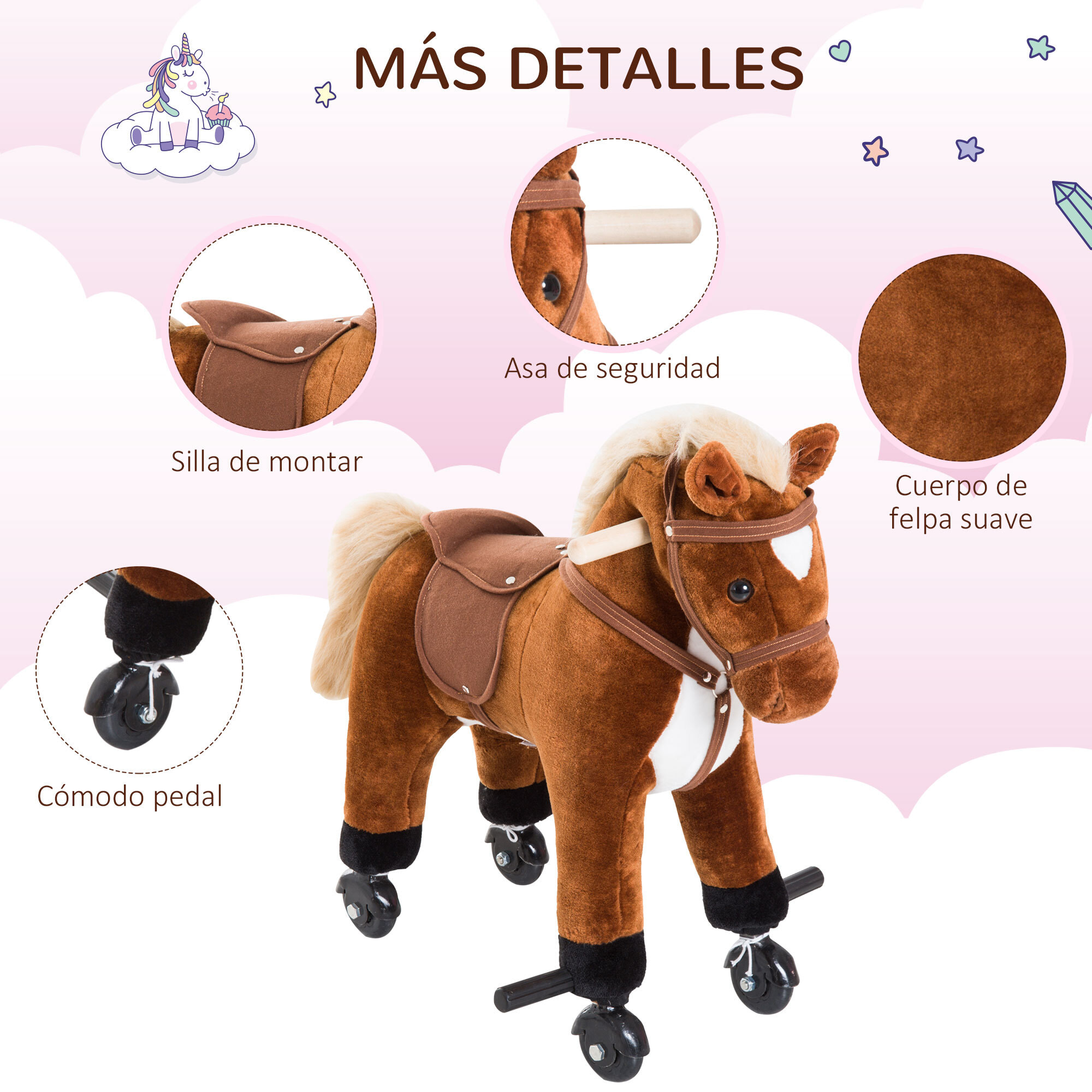 Caballito para Bebes de +36 Meses Caballo con Ruedas Sonidos de Relincho Palos y Pedales Carga 60 kg 55x23x60 cm Marrón