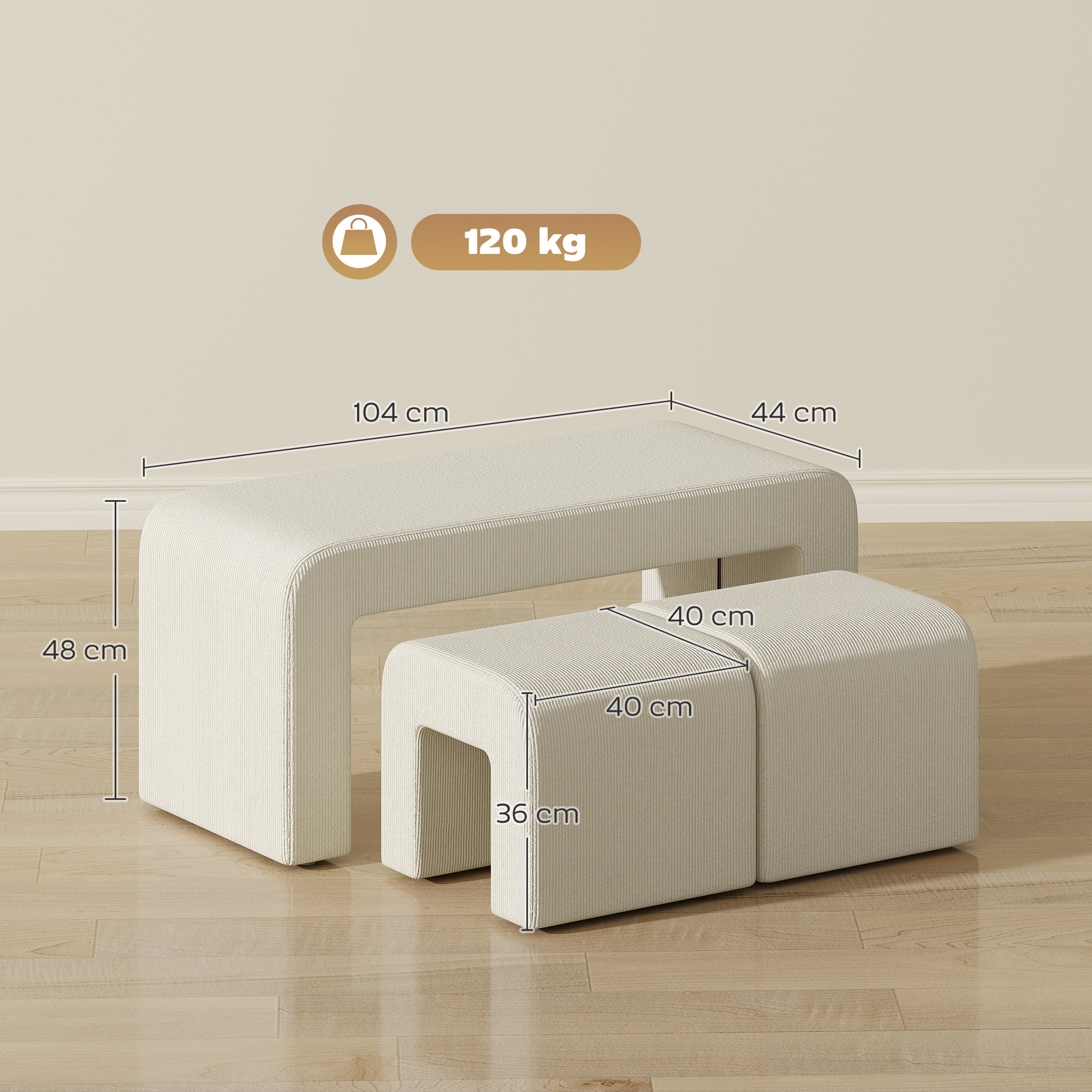 Juego de 3 Bancos Zapateros, Grande y 2 Pequeños, Bancos Recibidores Modernos de Pana, Diseño Compacto, Mesa Auxiliar para Salón, Entrada, Pasillo, Dormitorio, 104x44x48 cm, Crema