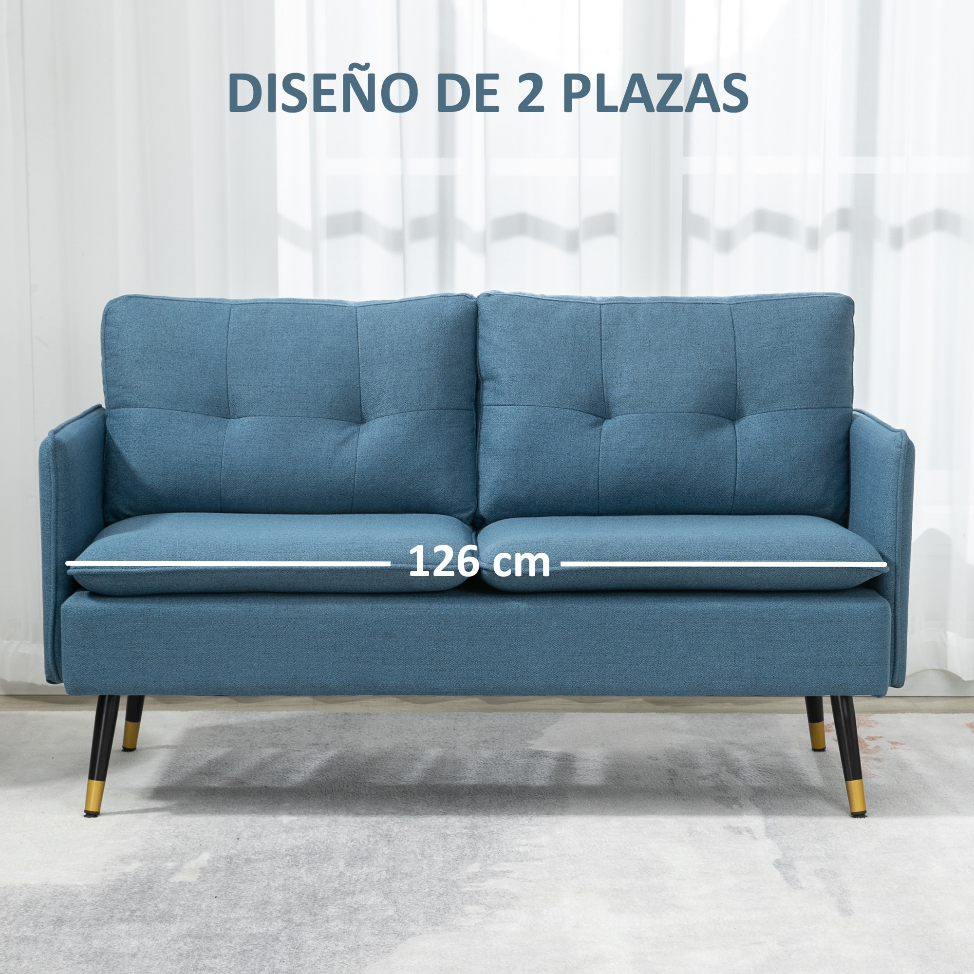 Sofá de 2 Plazas Tapizado en Lino Sofá de Salón con Cojines Reposabrazos y Patas de Acero para Dormitorio Oficina Carga 240 kg 139x68x80 cm Azul