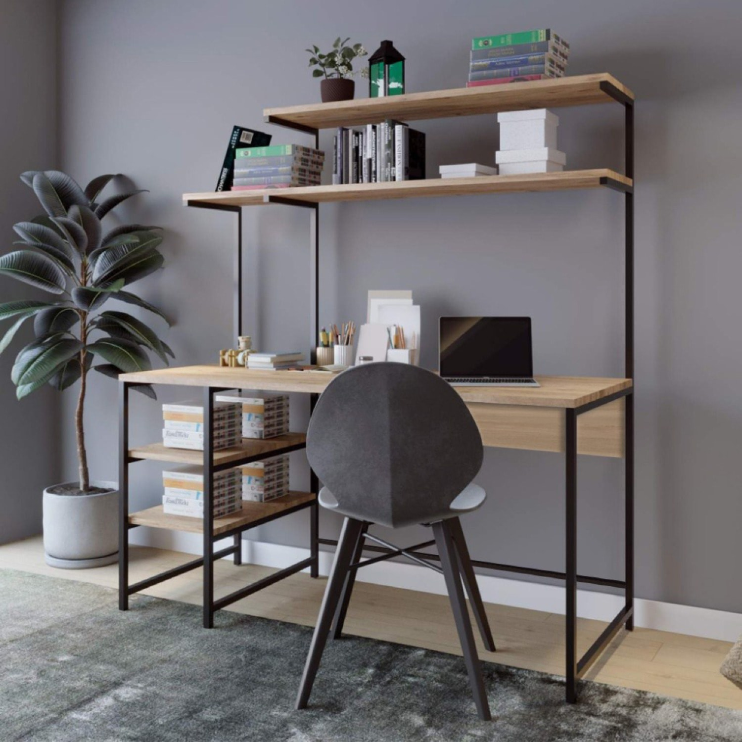 POLINE - Bureau style industriel chêne et noir à étagères