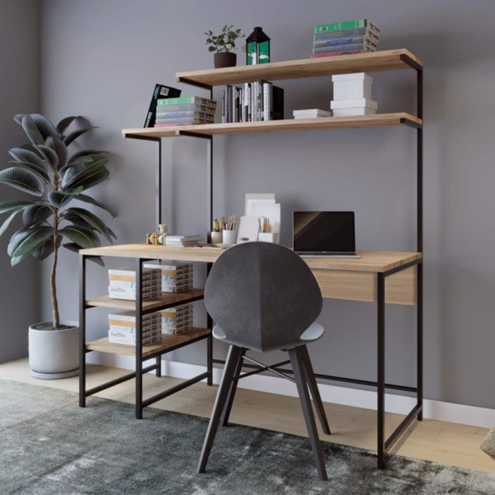 POLINE - Bureau style industriel chêne et noir à étagères