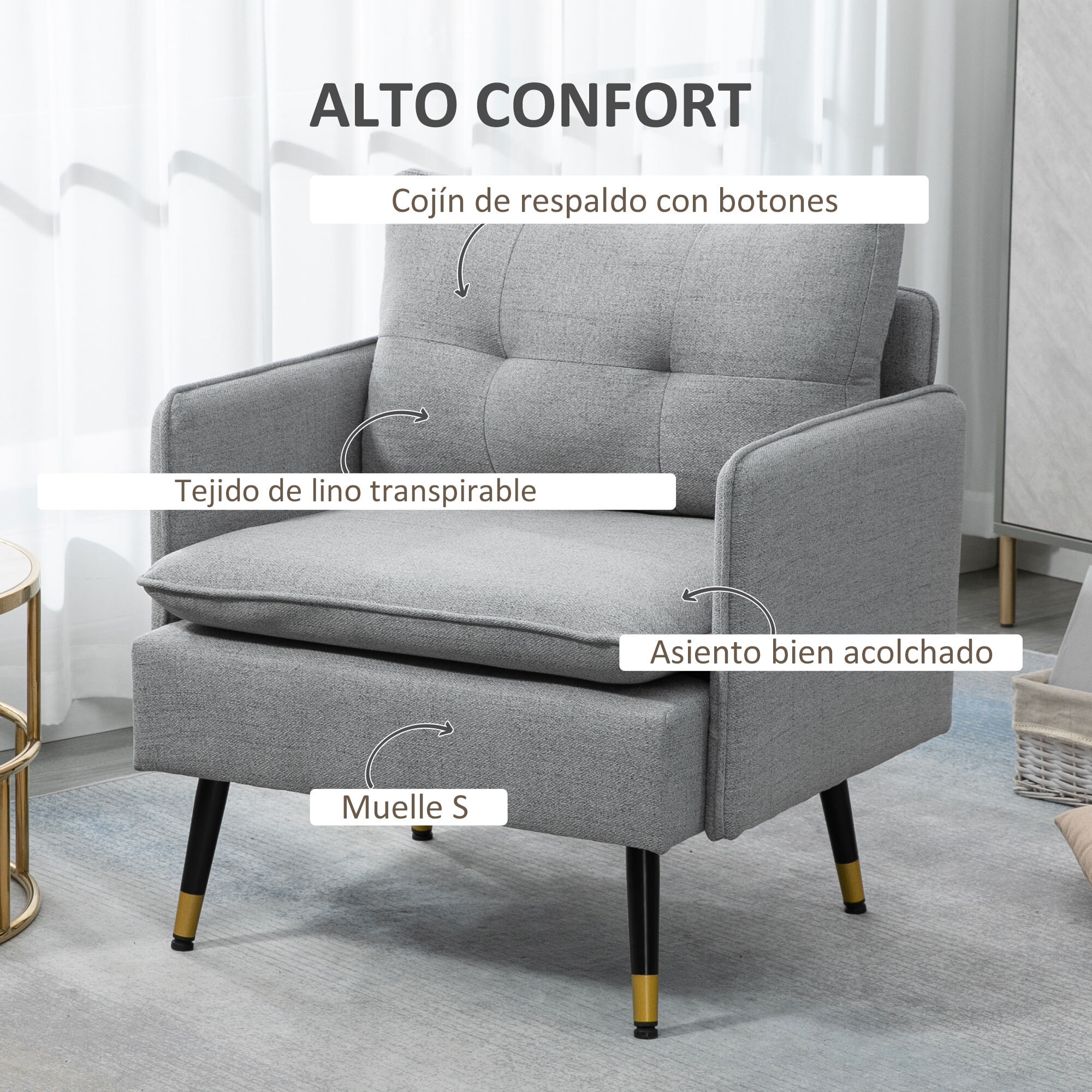 Butaca de Salón Sillón Relax con Reposabrazos Asiento Acolchado y Patas de Acero Sofá Individual de Moderno para Dormitorio 76x68x80 cm Gris