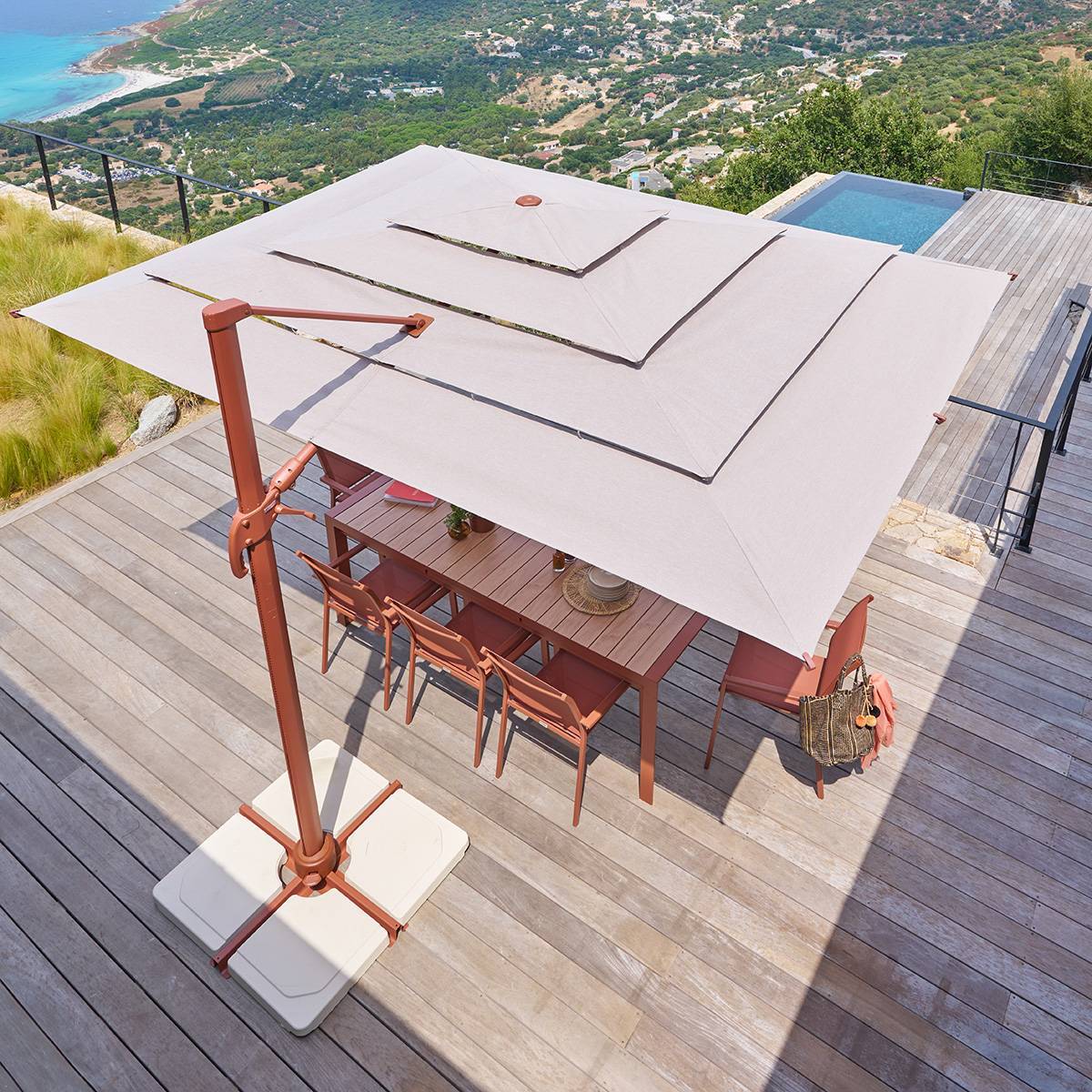 Parasol déporté rectangulaire inclinable Melhia 4x3 m acajou/lin