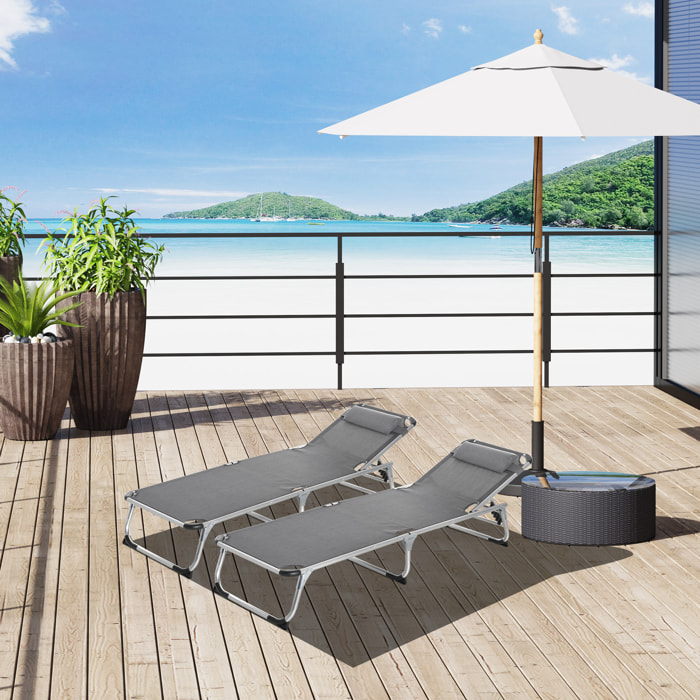 Conjunto de 2 Tumbonas Plegables de Aluminio Tumbonas de Jardín Reclinables con Reposacabezas Extraíble y Respaldo Ajustable en 4 Posiciones para Terraza Piscina Playa 165x60x76 cm Gris