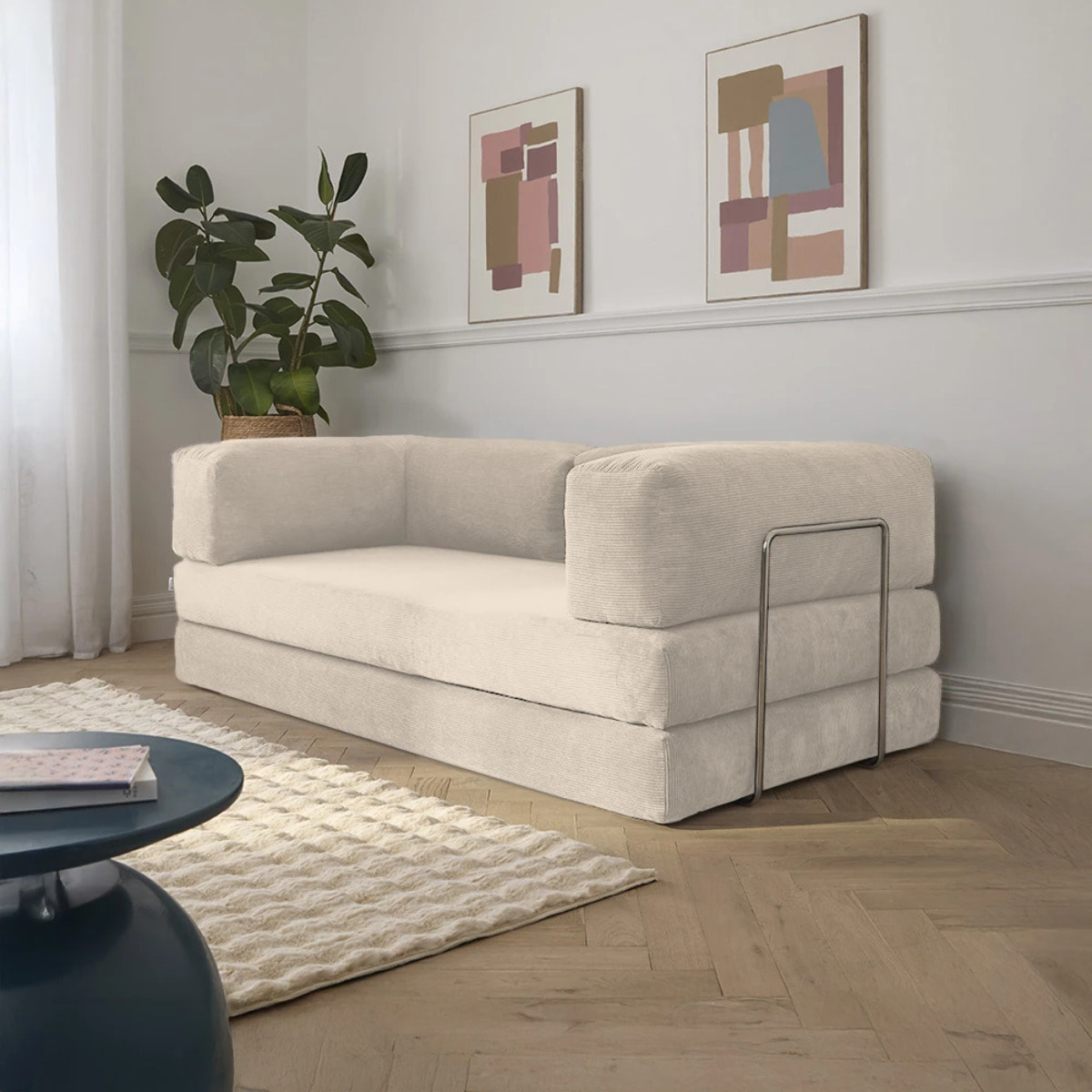 TRENDY - Canapé compressé 3 places modulable en velours côtelé crème