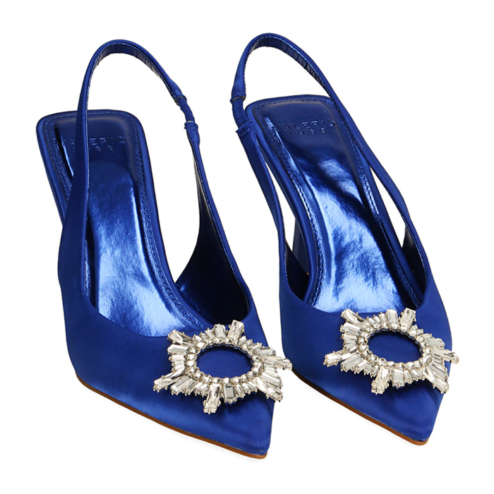 Slingback blu in raso, tacco 7,5 cm