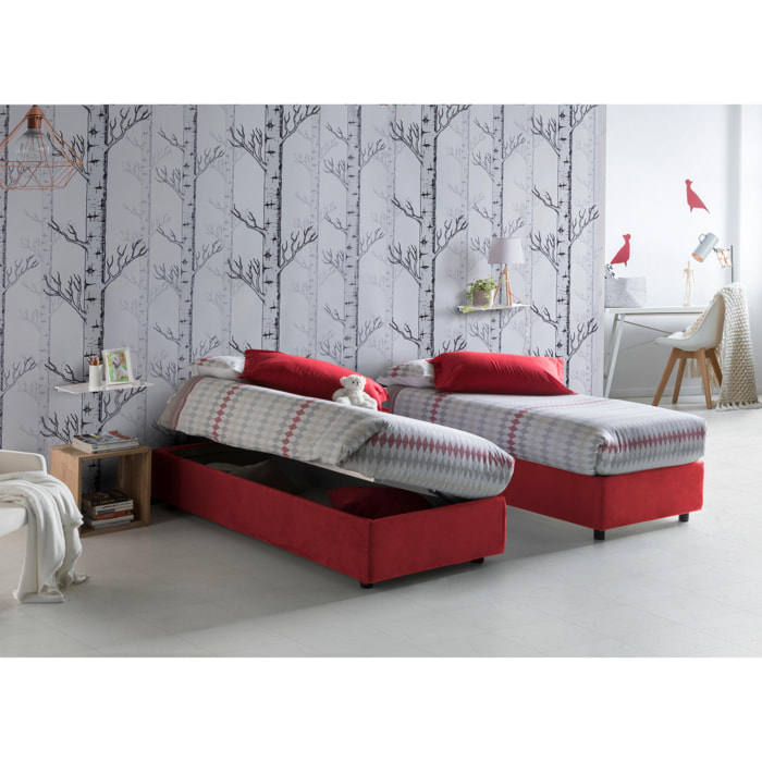 Letto piazza e mezza Camilla, Letto contenitore con rivestimento in tessuto, 100% Made in Italy, Apertura laterale, adatto per materasso Cm 120x190, Rosso