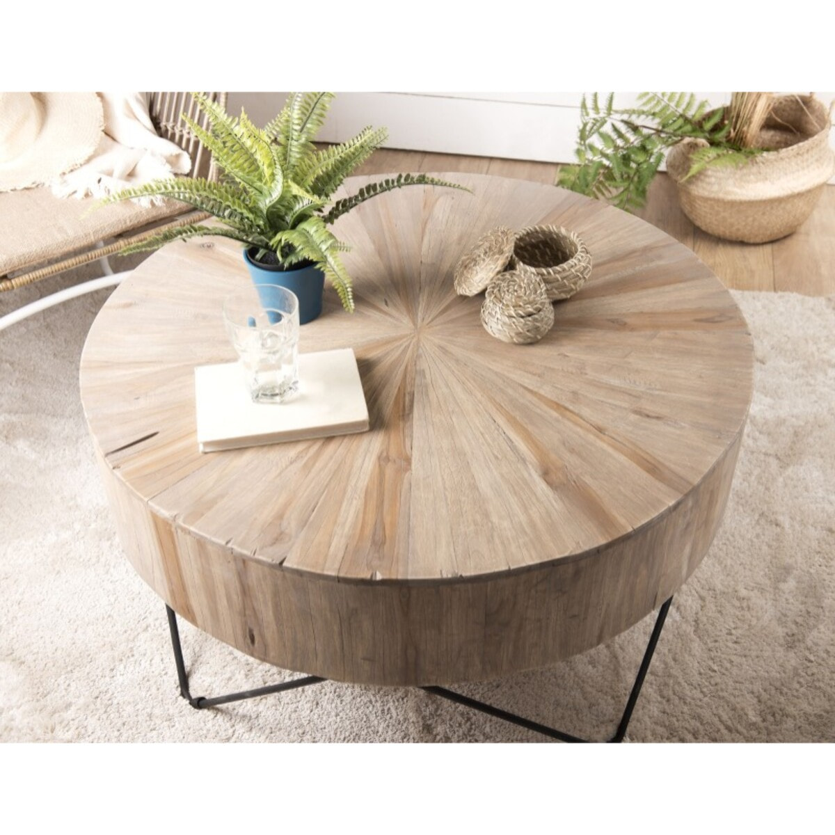 CLARA - Table basse ronde 90x90cm bois Teck naturel pieds épingles scandi métal noir