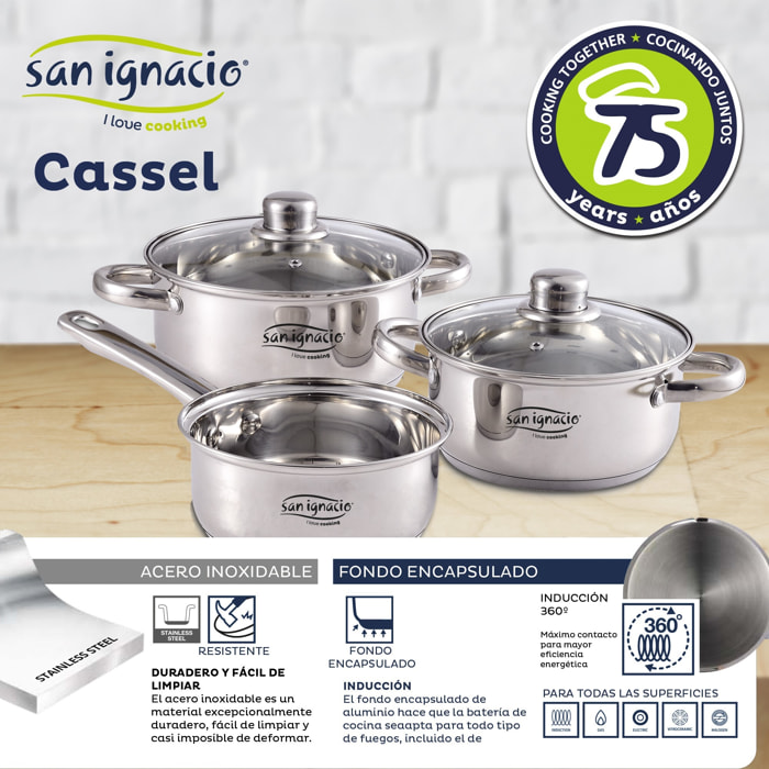 Bateria 5pcs acero inoxidable: cazo ø16x7,5 cacerolas de ø18x8,5 y ø20x9,5 cms., inducción + set 3pcs utensilios de cocina en acero inoxidable