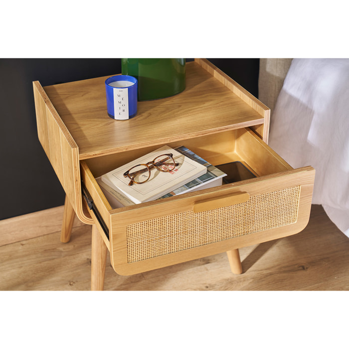 Tables de chevet avec tiroir en bois clair frêne et cannage rotin (lot de 2) ATHÈNE