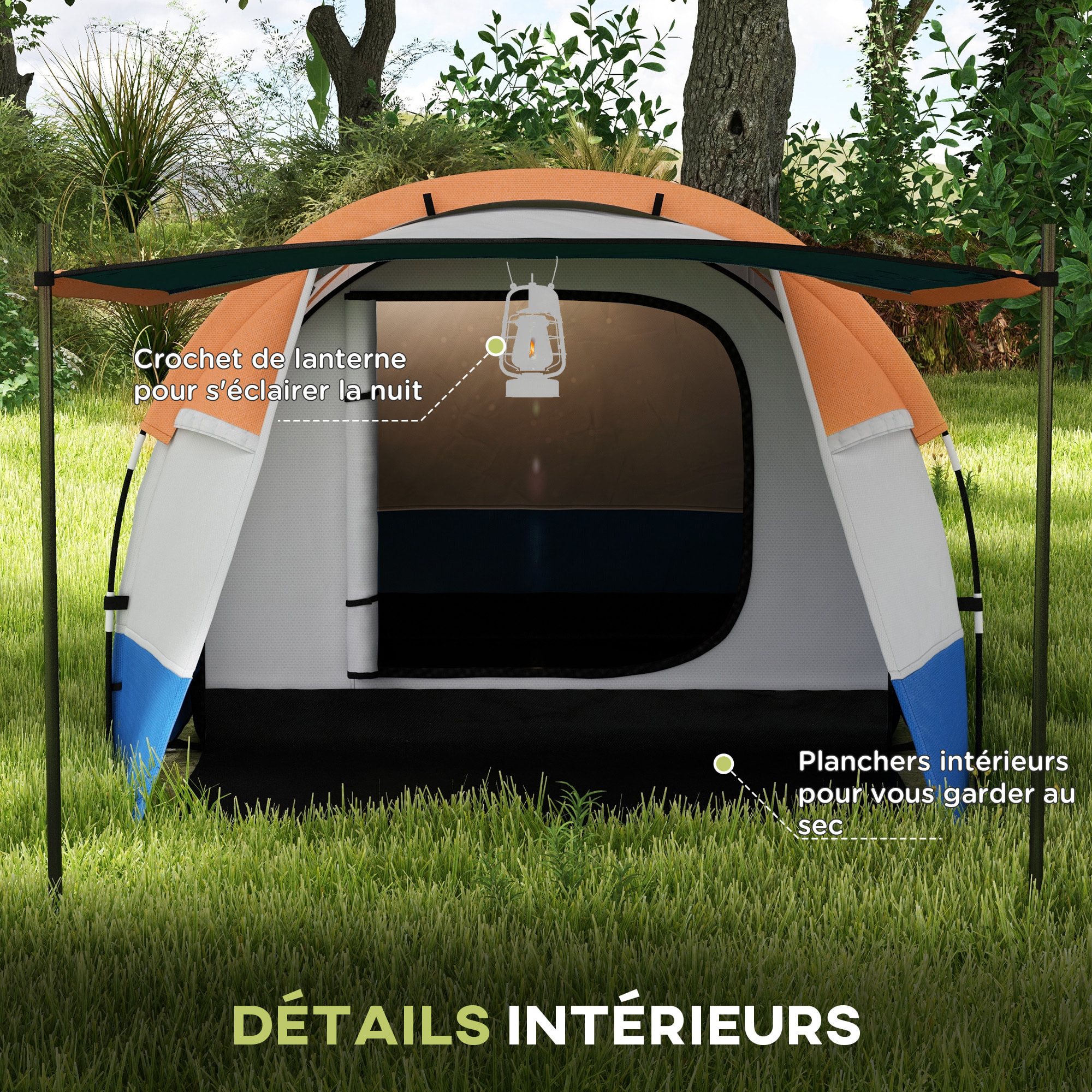 Tente de camping 2-3 pers. porche étanche 2000 mm 3 portes sac de transport orange