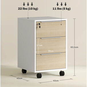 Cajonera de Oficina Mueble Archivador con Ruedas 3 Cajones Cerradura y 2 Llaves para Estudio Salón 40x40x63,5 cm Blanco y Roble