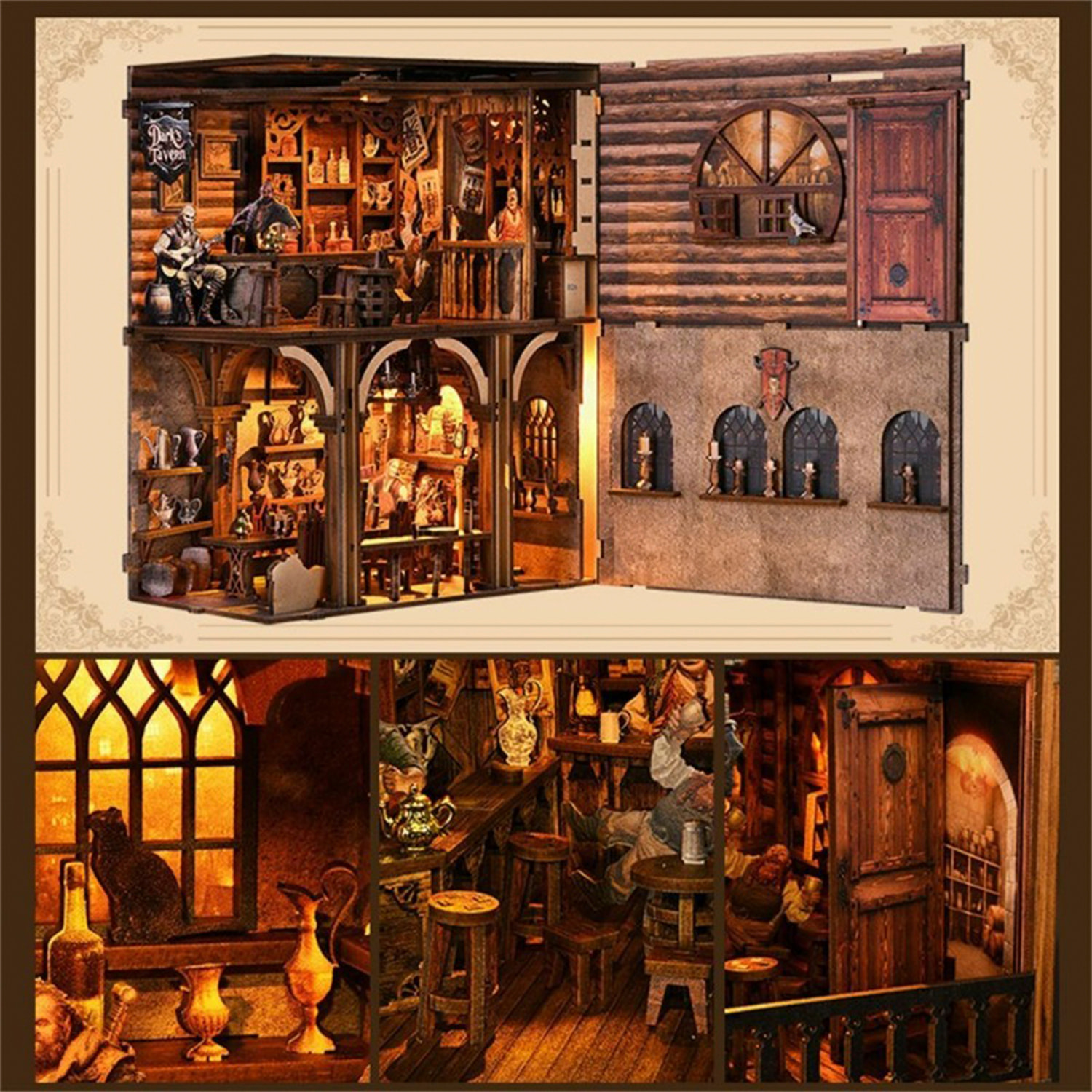 Bar antiguo. Book Nook de madera, diseño 3D realista con gran detalle, cubierta y luces led.