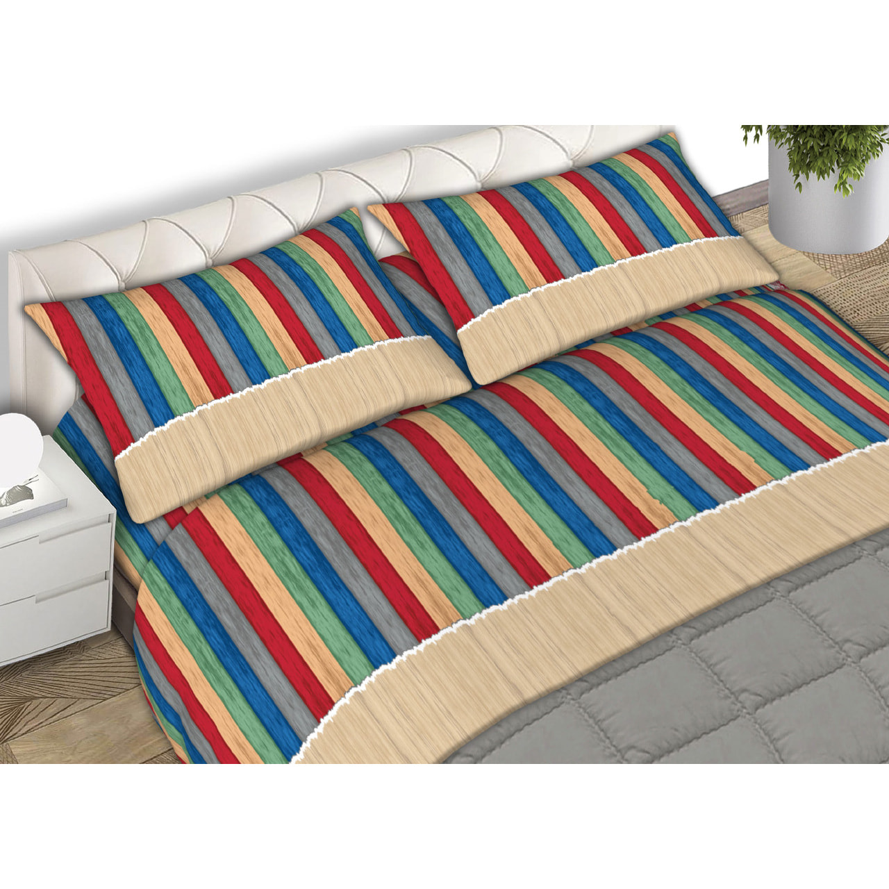 Completo Lenzuola 100% Cotone Disegno Multicolor Beige CN