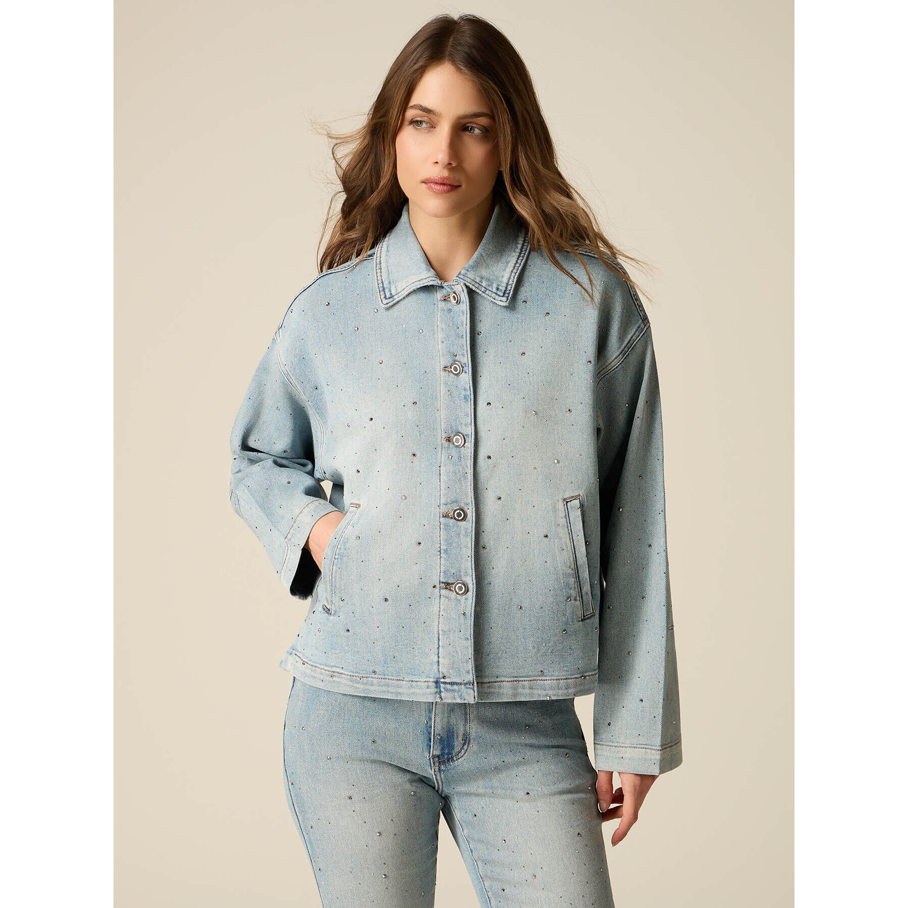 Oltre - Giubbotto in denim con cristalli - Azzurro