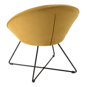 AGATHE - Fauteuil tissu velours jaune moutarde pieds croisés métal noir
