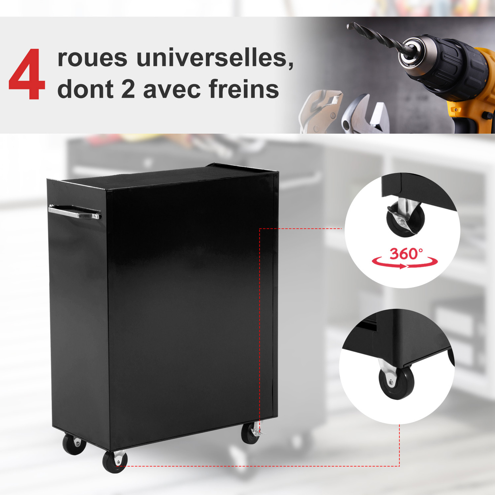 Servante d'atelier 5 tiroirs verrouillables 2 clés tôle d'acier noir