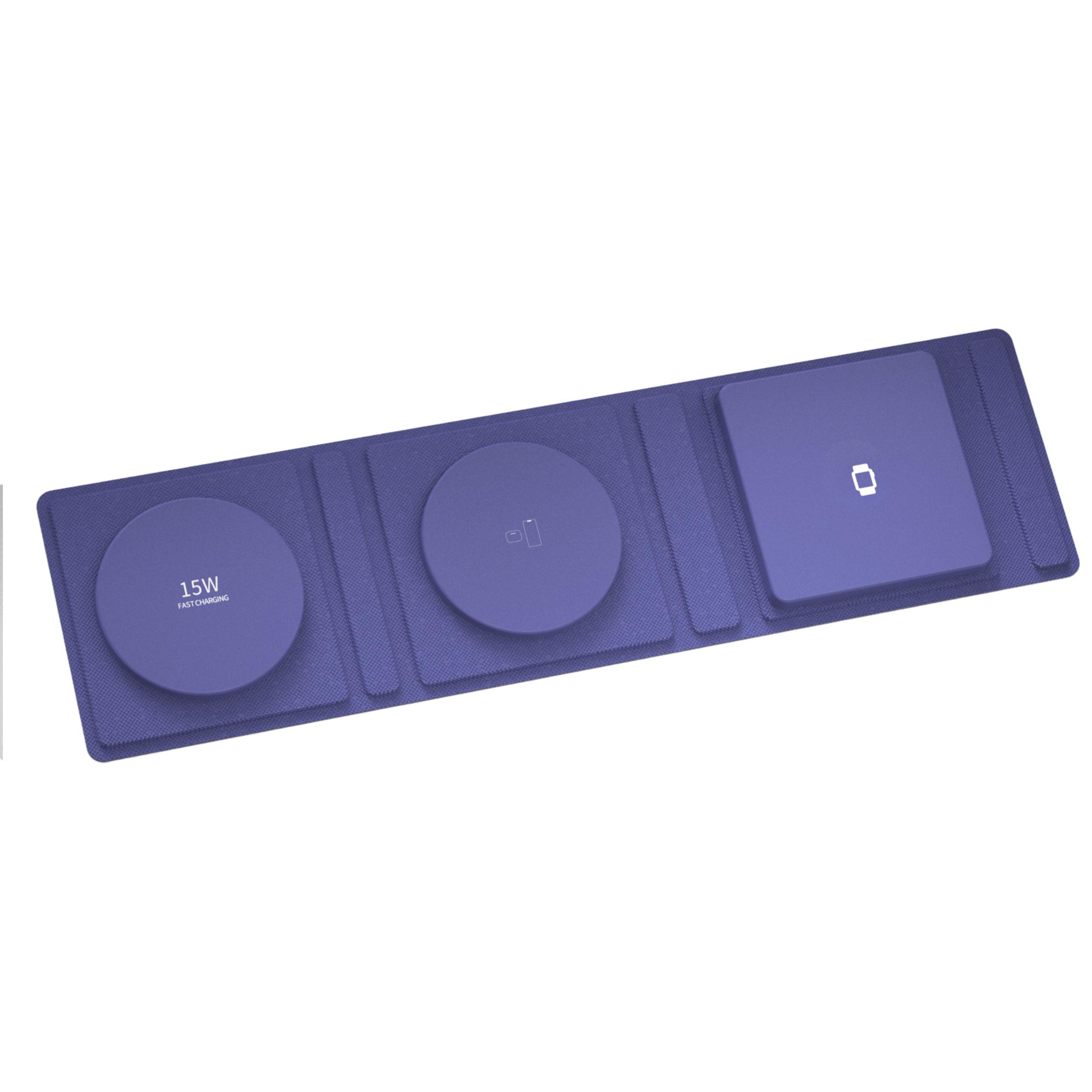 DAM Base de carga plegable portátil, de cuero. Magsafe 15W + Qi 5W + SmartWatch 3W. 31,8x8,3x0,9 Cm. Color: Morado