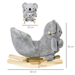 Jouet à bascule koala avec marionnette - effet sonore rugissement - fauteuil intégré, ceinture de sécurité - bois peuplier peluche courte polyester gris