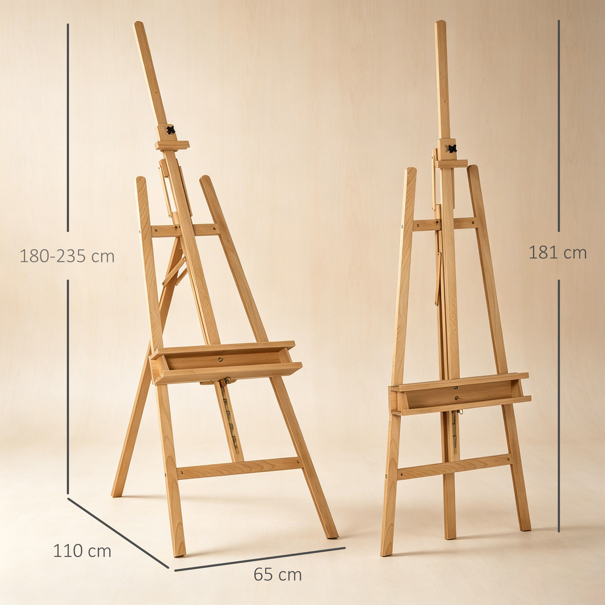 Caballete de Pintura Plegable, 235 cm, Caballete de Madera con Altura y Ángulo Ajustables, Estante Inferior, para Adultos, Artistas, Pintor, Estudiantes, Natural