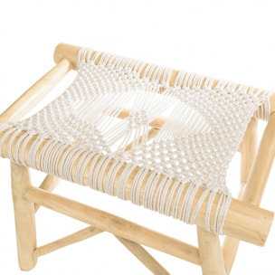 WILL - Tabouret en branches de teck naturel assise en macramé blanc