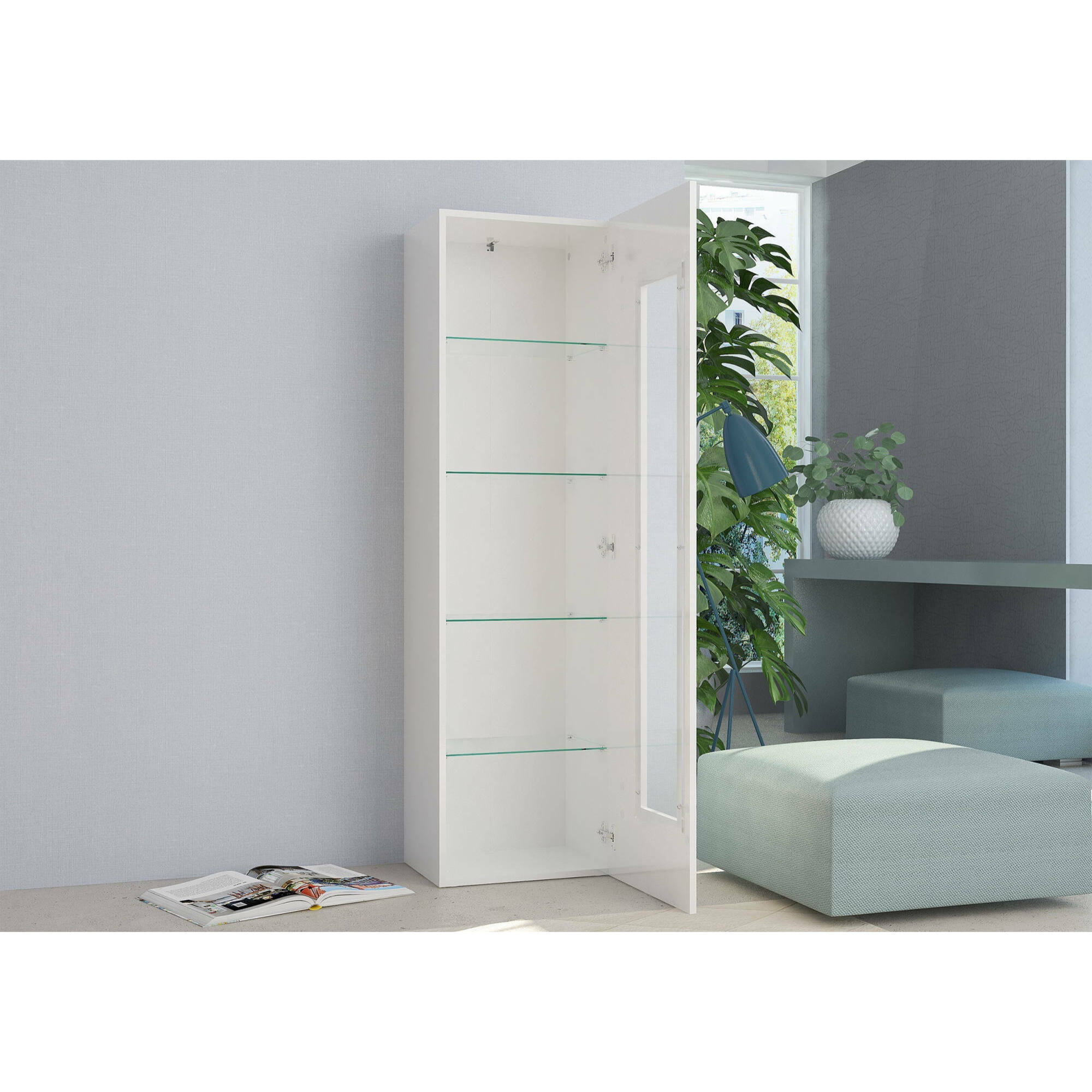 Mobile a colonna con anta a vetro, Made in Italy, Credenza con ripiani, Vetrinetta da soggiorno, cm 45x34h162, colore Bianco lucido