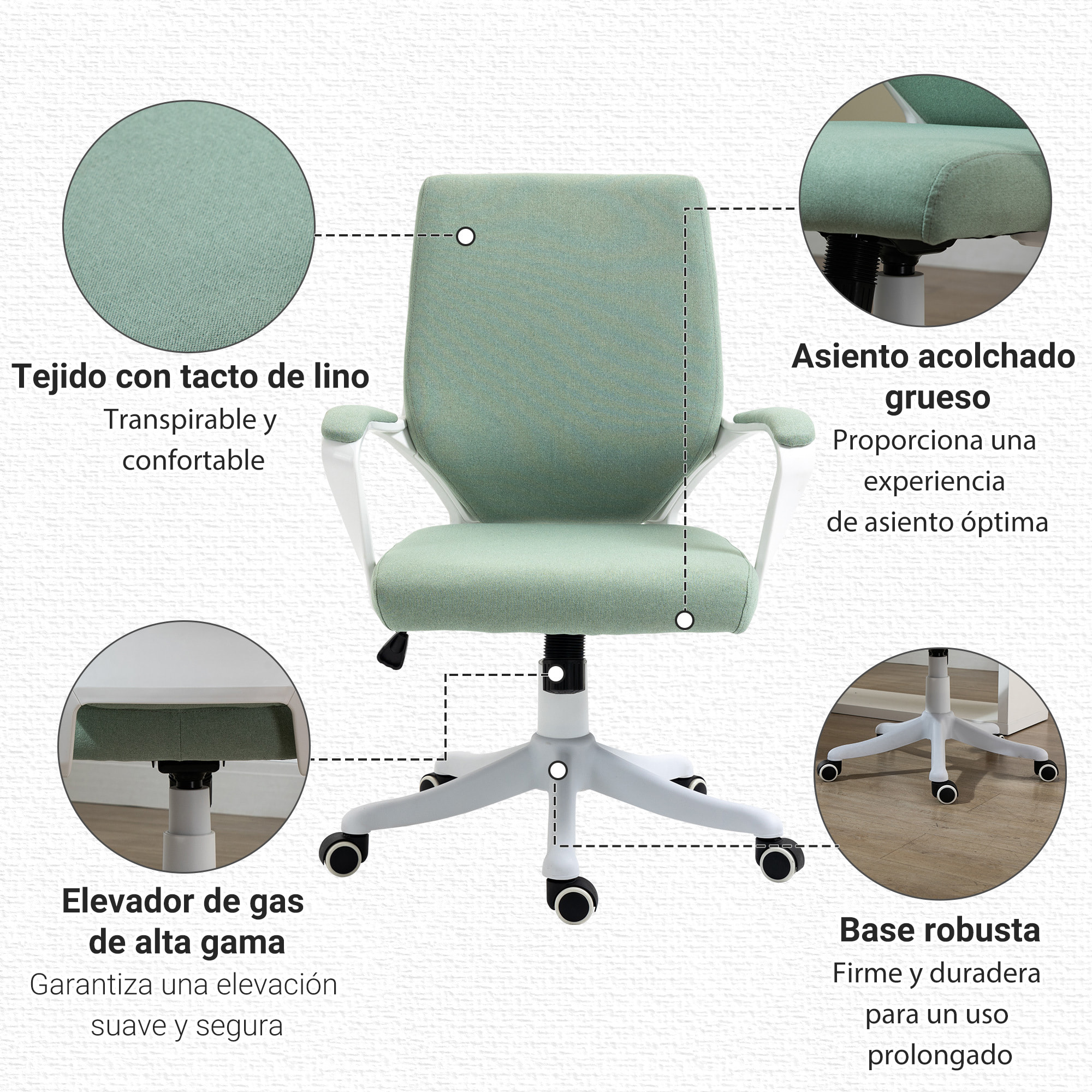 Silla de Oficina Giratoria Silla de Escritorio Basculante con Reposabrazos y Altura Ajustable para Dormitorio Salón Carga 120 kg 62x69x92-100 cm Verde