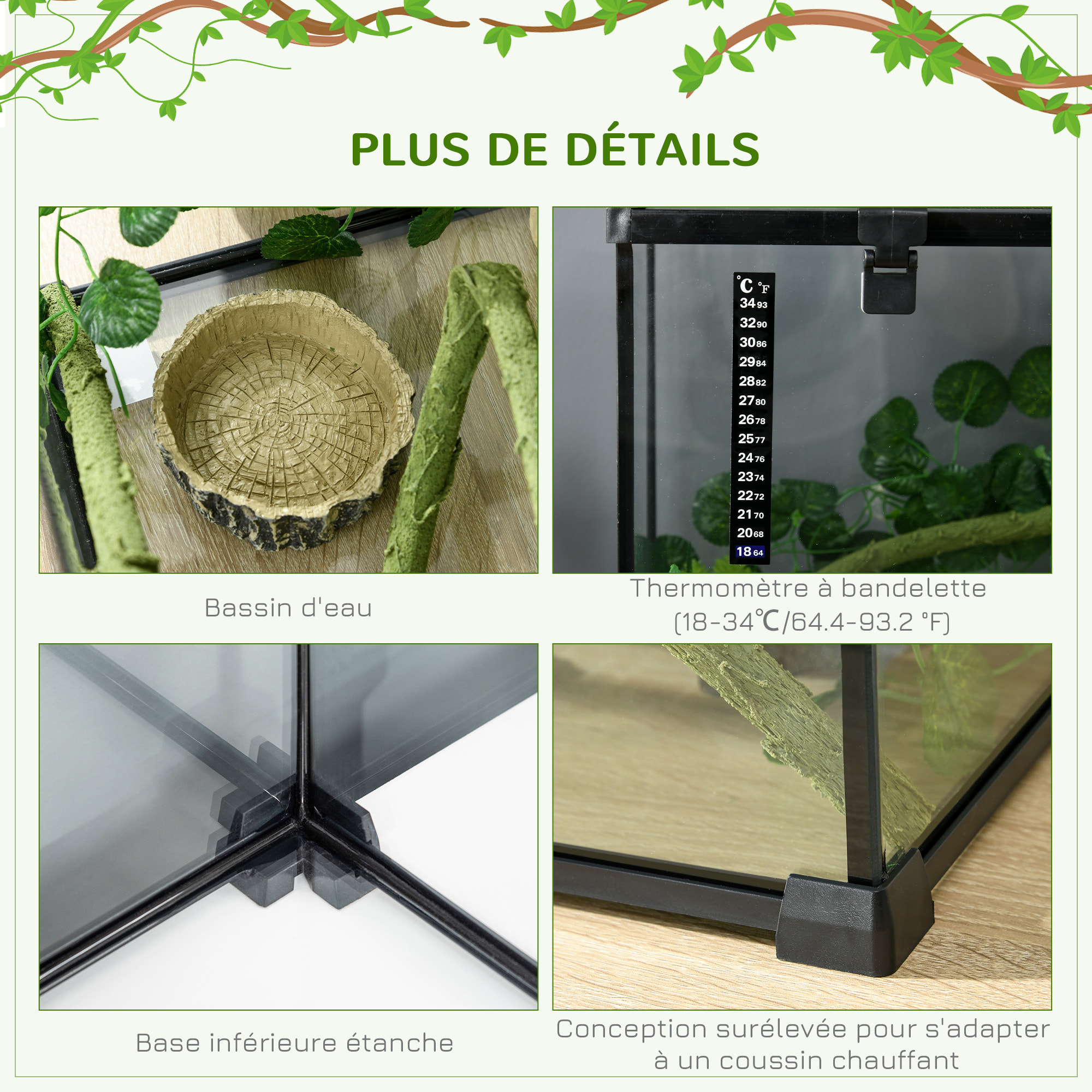 Terrarium verre transparent - couvercle treillis métallique coulissant verrouillable, trappe, distributeur eau, thermomètre - noir