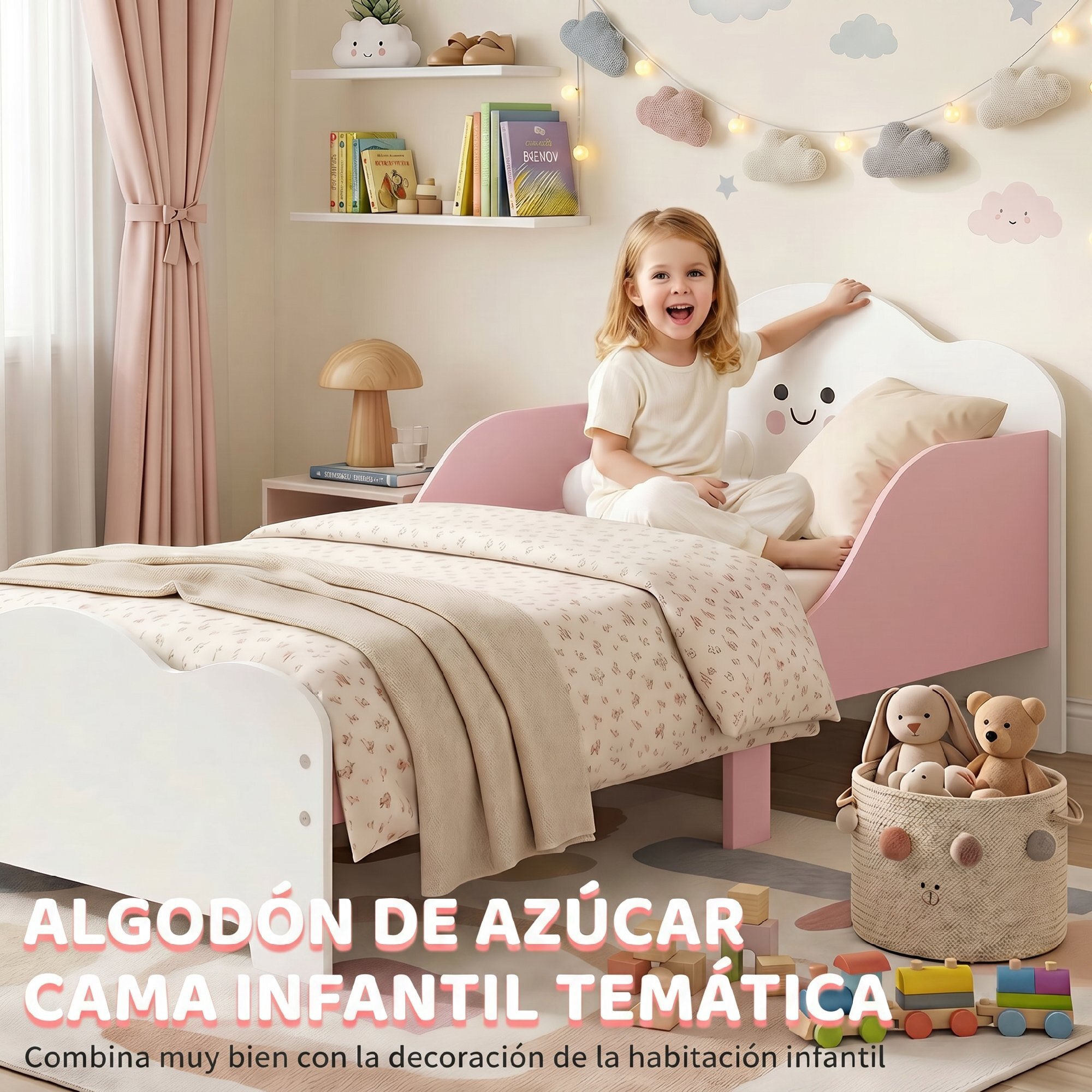 Cama Infantil, 70x140 cm, Cama Montessori con Barandillas Altas, Tema de Algodón de Azúcar, para Niños y Niñas de 3-6 Años, Rosa