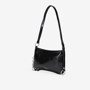 Bolso de hombro negro pequeño con anillas metálicas