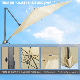 Sombrilla de Jardín Ø300x250 cm Parasol Excéntrico de Aluminio con Manivela Toldo Inclinable Giratorio 360° con Pedal y Base Cruzada para Patio Terraza Crema