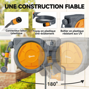 Dévidoir mural enrouleur automatique pivotant 180° tuyau 30+2m avec pistolet arrosage support mural intégré orange gris