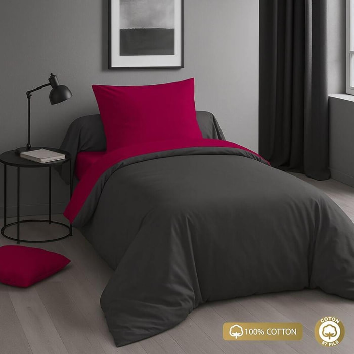 Parure Housse De Couette 135x200cm 100% coton Fushia/anthracite