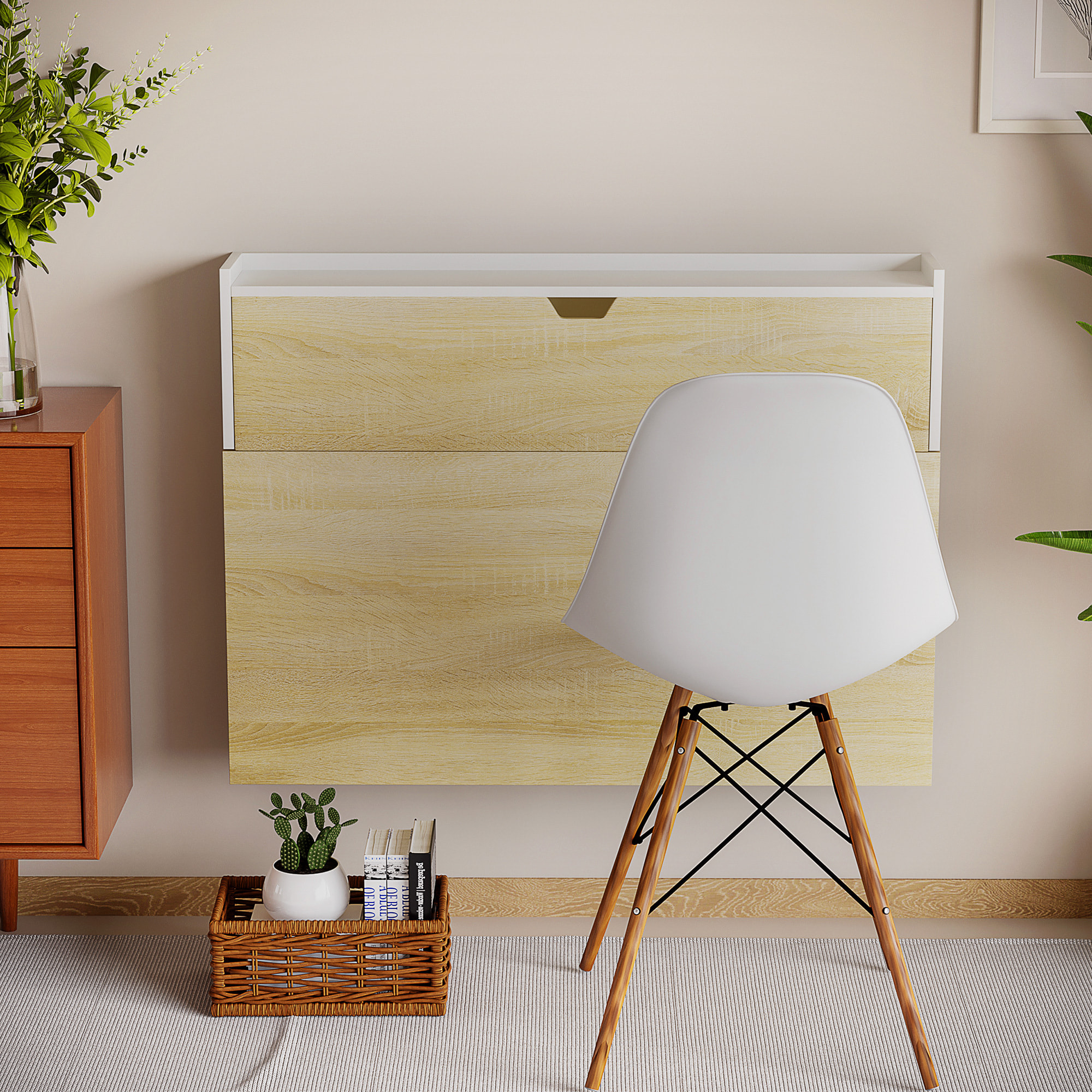 Bureau pliable mural avec étagères de rangement et placard, bureau rabattable, effet bois naturel