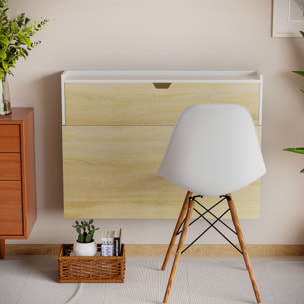 Bureau pliable mural avec étagères de rangement et placard, bureau rabattable, effet bois naturel