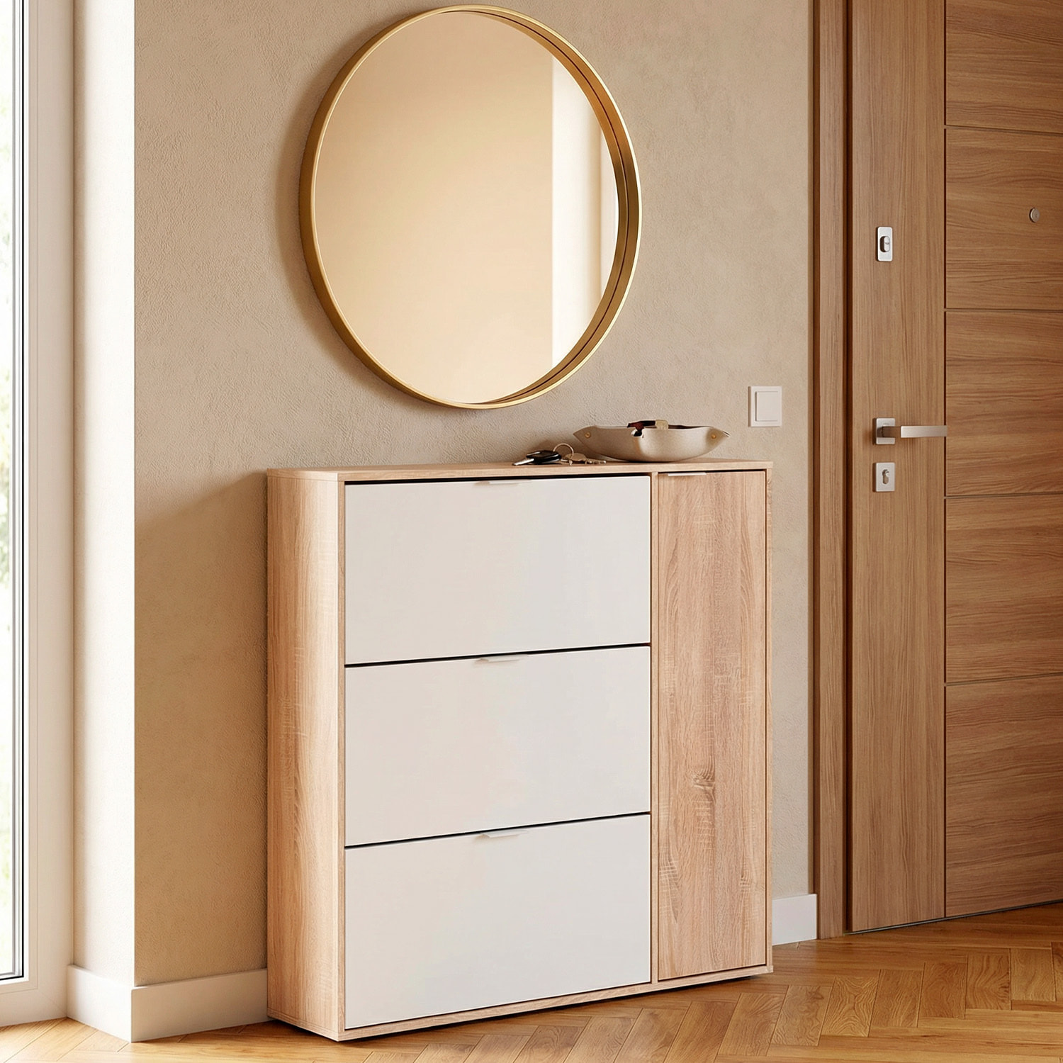 Scarpiera Salvaspazio A 3 Ribalte E 1 Anta Con Ripiani Mobile Porta Scarpe Da 30 Paia Per Ingresso Corridoio Cameretta 106x115x22 Cm Bianco E Rovere