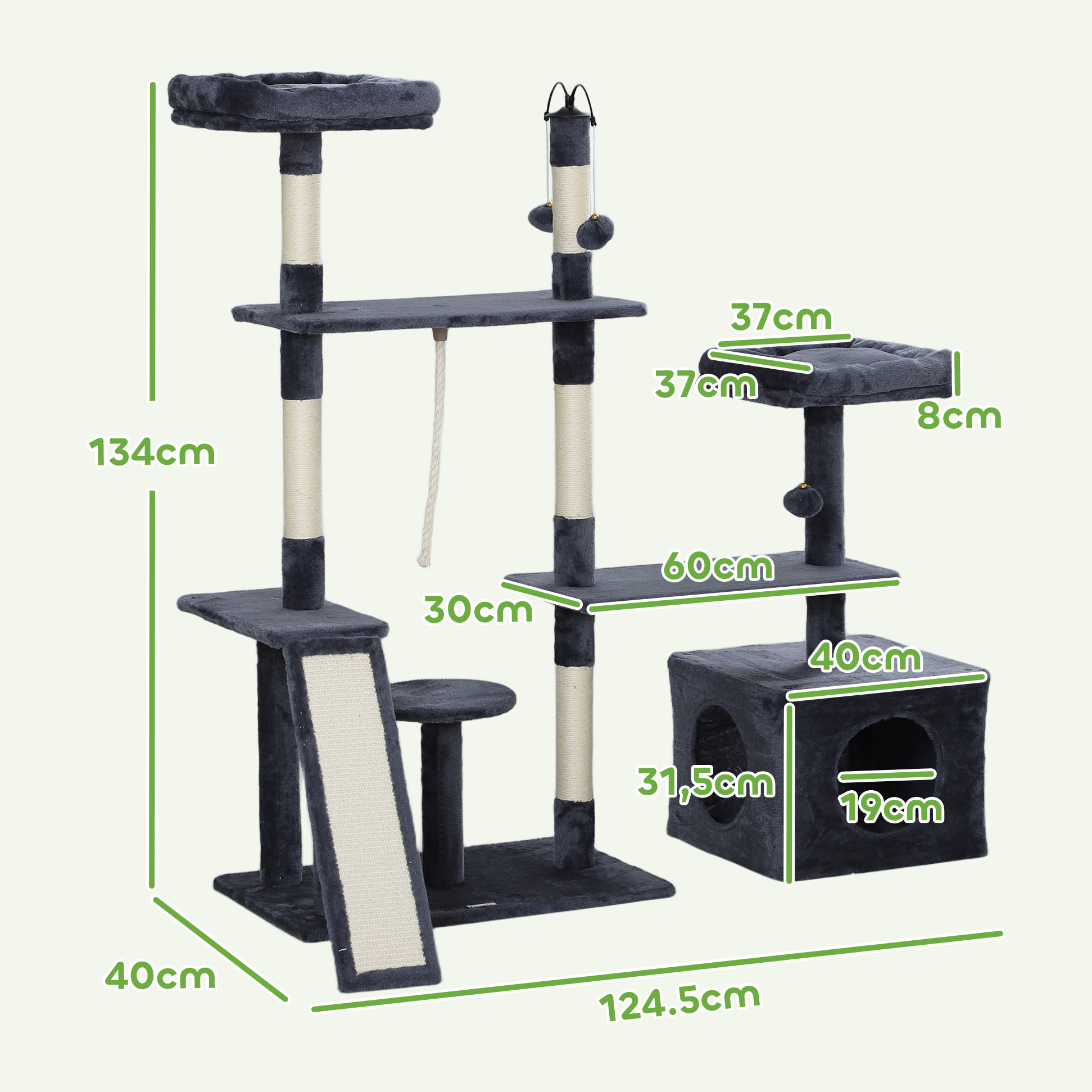 Árbol Rascador para Gatos 134 cm Torre para Gatos Rascador para Gatos con Nidos Cueva Plataformas Bolas de Juguete y Postes de Sisal Gris Oscuro