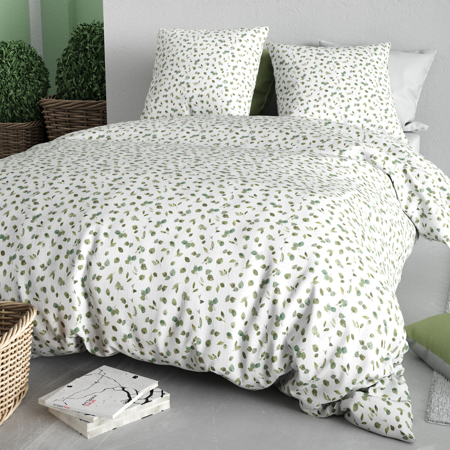 Parure housse de couette imprimé 100% coton - mérise - vert