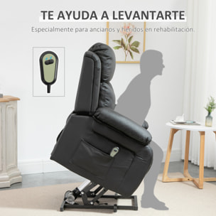 Sillón Relax Levanta Personas Auto-Ayuda con Control Remoto Reclinación Eléctrica 160° Reposapiés Respaldo Tapizado en PU y Bolsillos Laterales 76x90x105 cm Negro