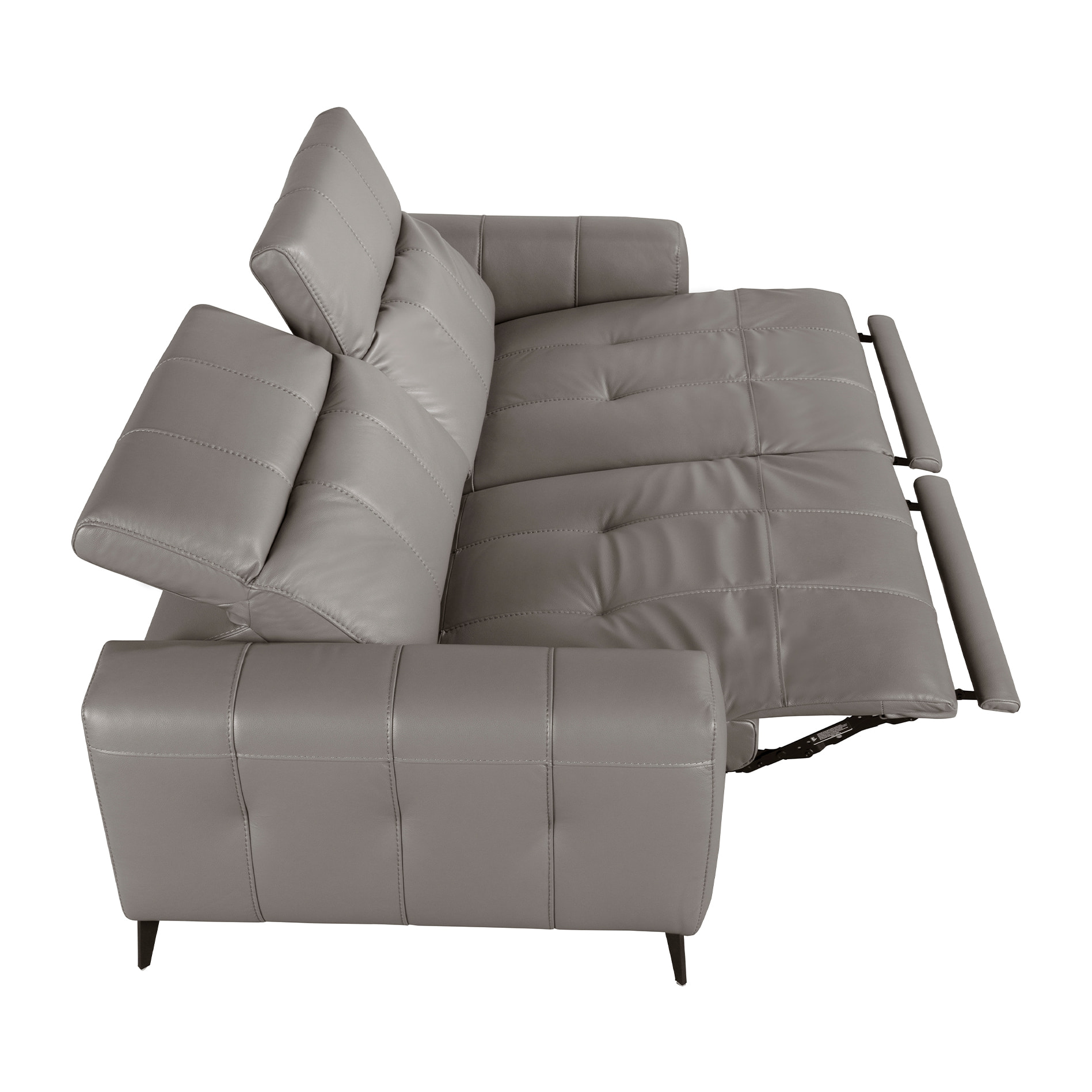 Sofá relax Angel Cerdá de 3 plazas tapizado en piel de origen vacuno en gris con reposacabezas patas de acero inoxidable en epoxi negro 2 sistemas de relax eléctrico 216x110x98cm