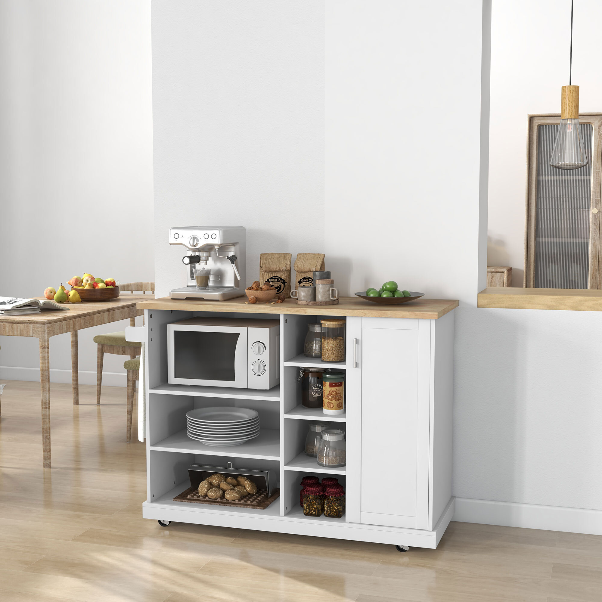 Desserte de cuisine îlot multi-rangement MDF blanc plateau bois hévéa verni