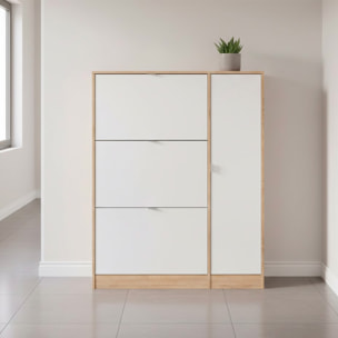 Scarpiera Salvaspazio Con 3 Ante A Ribalta Mobile Laterale Fino A 18 Paia Design Moderno Ingresso Corridoio 98.8x24.05x123.6 Cm Rovere e Bianco Lucido