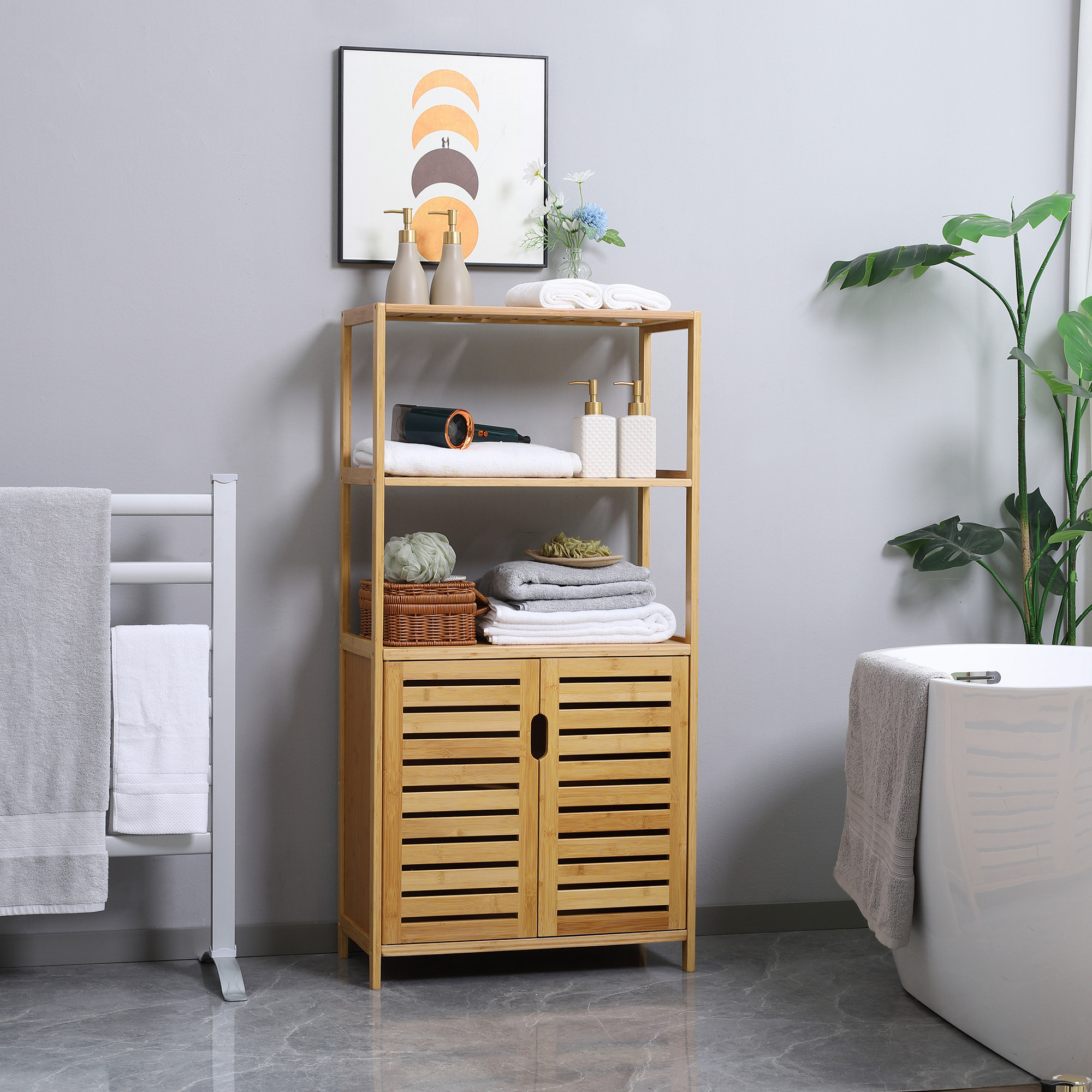 Meuble salle de bain bois bambou 2 portes 3 étagères dim. 60 x 30 x 120 cm naturel