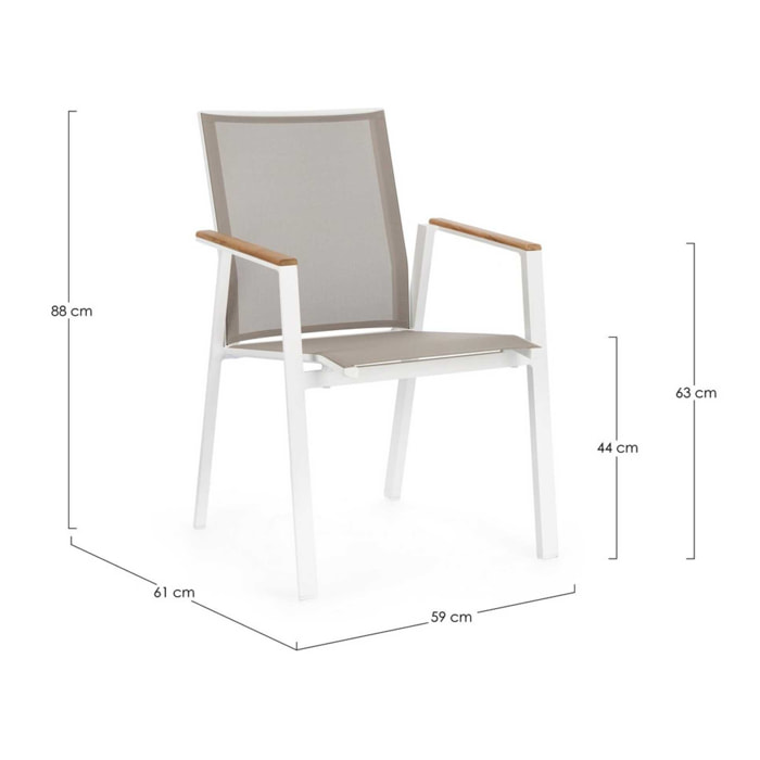 Set 4 sedie da giardino CAMERON in textilene grigio tortora con inserti in teak e struttura in alluminio bianco