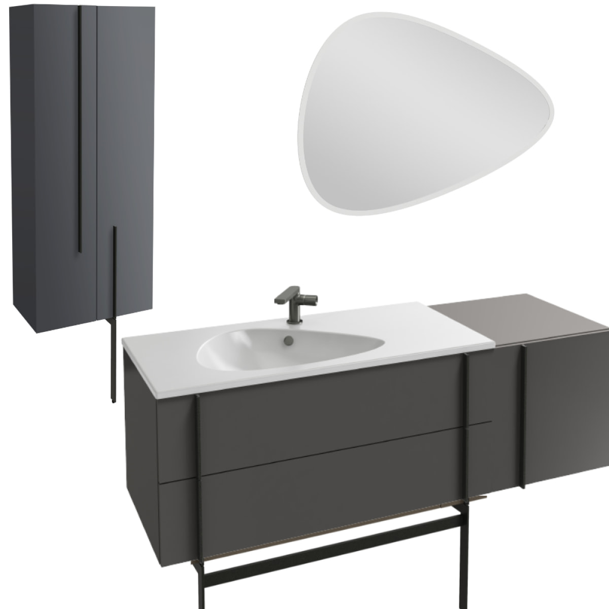 Meuble vasque 145 cm Nouvelle Vague gris brillant + tiroir rack + colonne 2 portes + miroir + pied