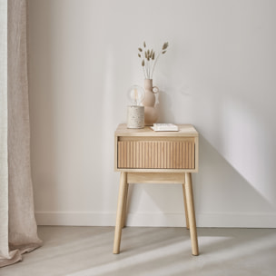 Table de chevet avec un tiroir. Panneaux stratifiés couleur naturelle. Pied en bois de sapin.  L 39 x l 39 x H 55.4cm LINEAR