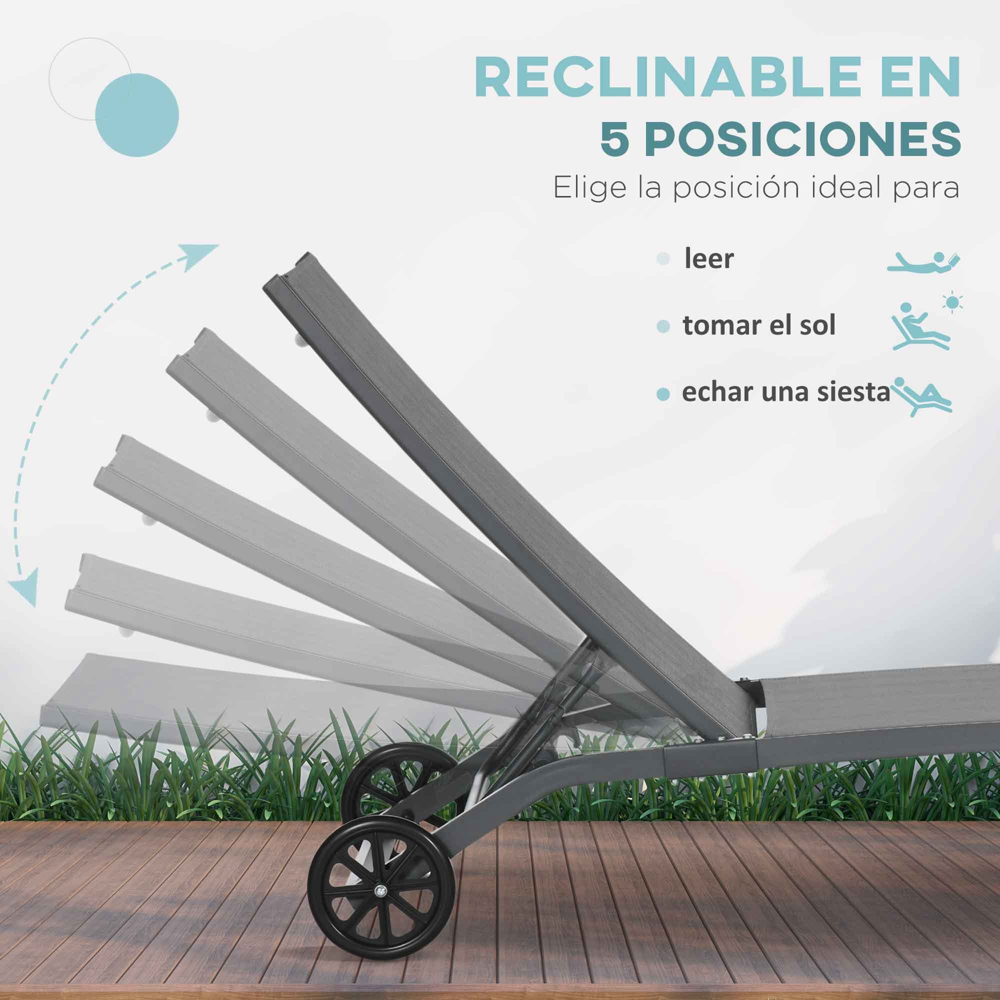 Pack de 2 Tumbonas de Jardín Exterior Tumbonas Reclinables de Aluminio con Respaldo Ajustable de 5 Niveles y Ruedas para Playa Piscina 165x66x102 cm Azul y Gris